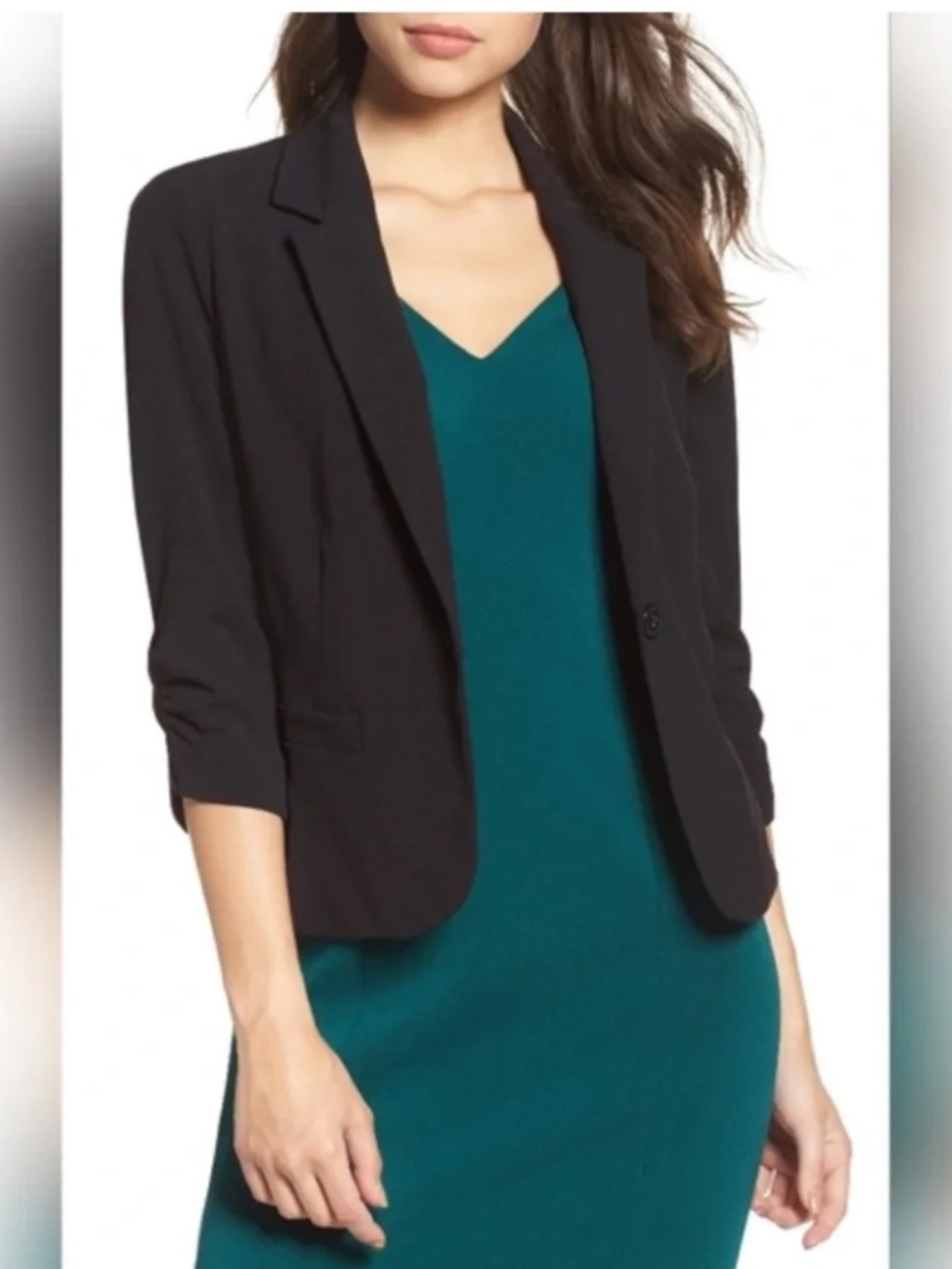 Eliza J Suit Jacket 3/4 Ruched Sleeve Single Button Lined Blazer in Black Size L